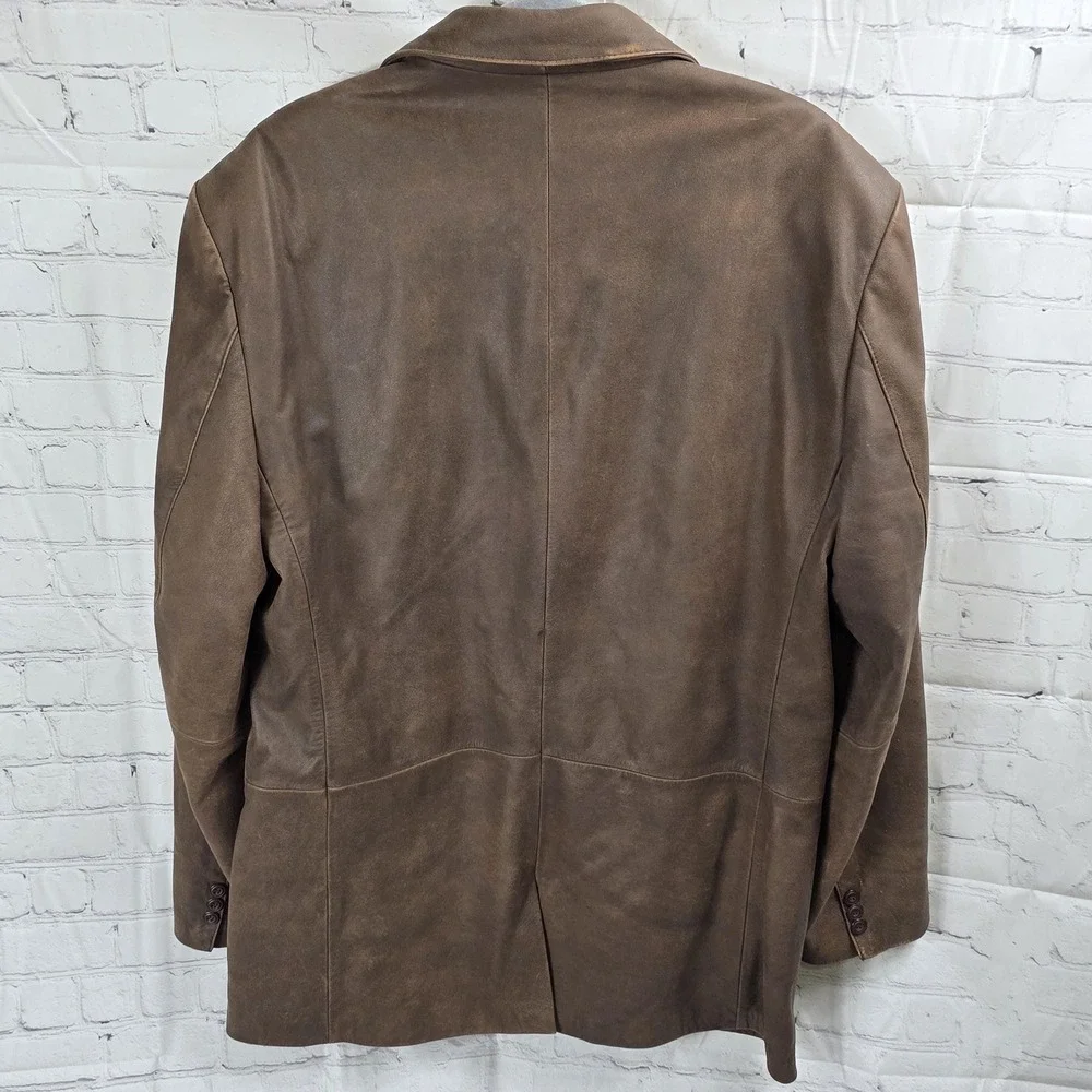 Leather Jacket Mens Apt.‎ 9 44L Vintage Y2K Long Brown Buttons Collared Preppy
